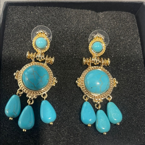 Gold and Turquoise Dangle Earrings - Picture 3 of 3